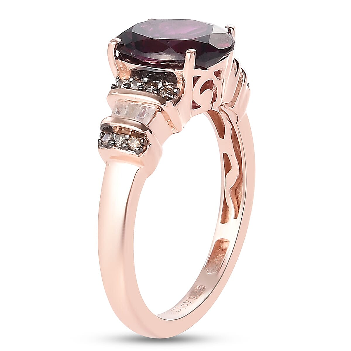 Orissa Rhodolite Garnet, Natural Champagne and White Diamond Ring in Vermeil Rose Gold Over Sterling Silver (Size 10.0) 2.25 ctw