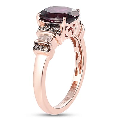 Orissa Rhodolite Garnet, Natural Champagne and White Diamond Ring in Vermeil Rose Gold Over Sterling Silver (Size 10.0) 2.25 ctw