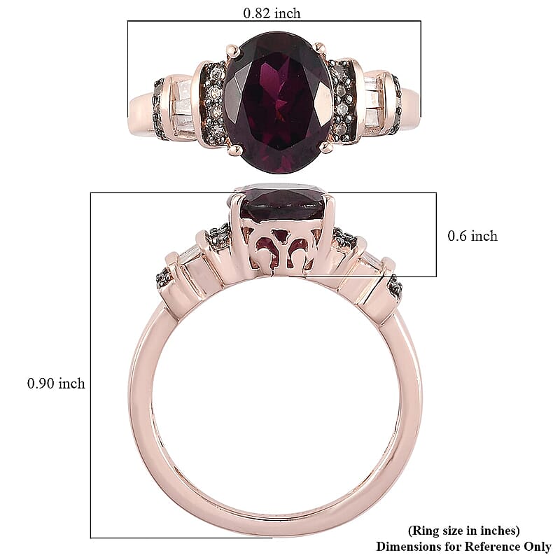 Orissa Rhodolite Garnet, Natural Champagne and White Diamond Ring in Vermeil Rose Gold Over Sterling Silver (Size 8.0) 2.25 ctw