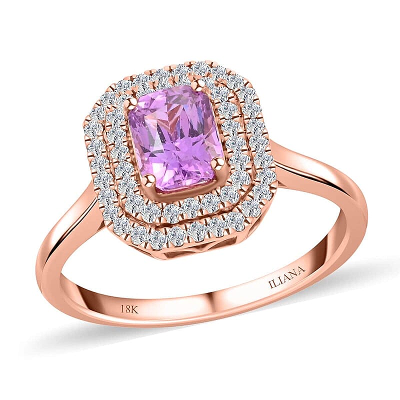 One Of A Kind Certified & Appraised Iliana Madagascar Pink Sapphire and SI Diamond 1.80 ctw Double Halo Ring in 18K Rose Gold (Size 7.0)
