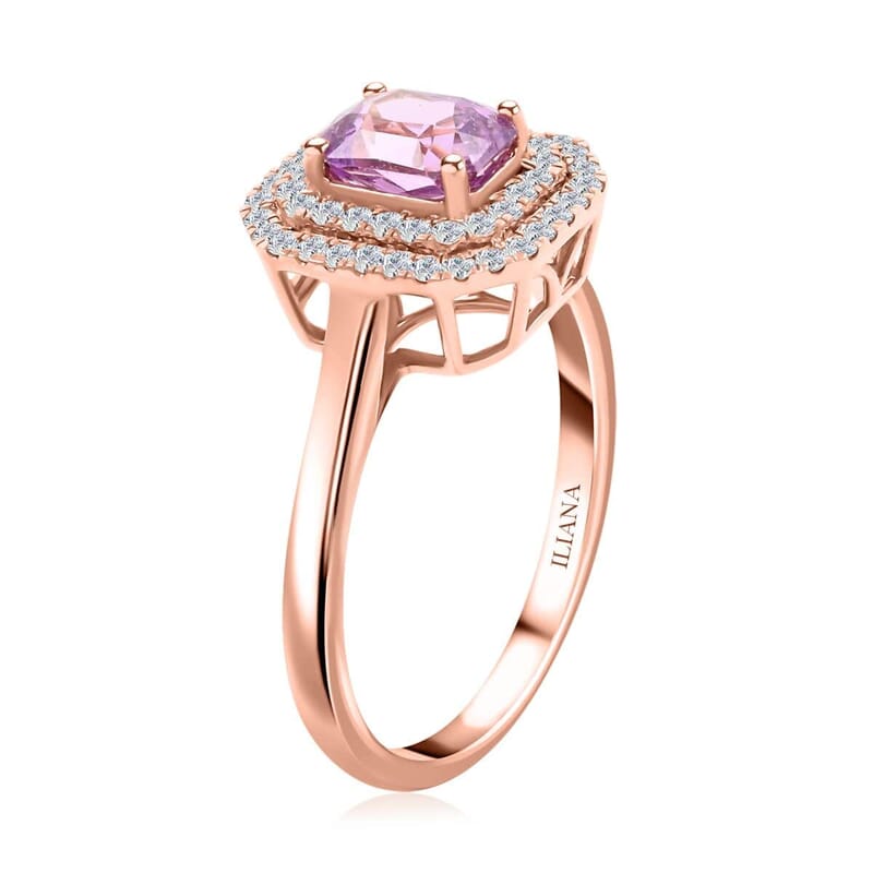 One Of A Kind Certified & Appraised Iliana Madagascar Pink Sapphire and SI Diamond 1.80 ctw Double Halo Ring in 18K Rose Gold (Size 7.0)