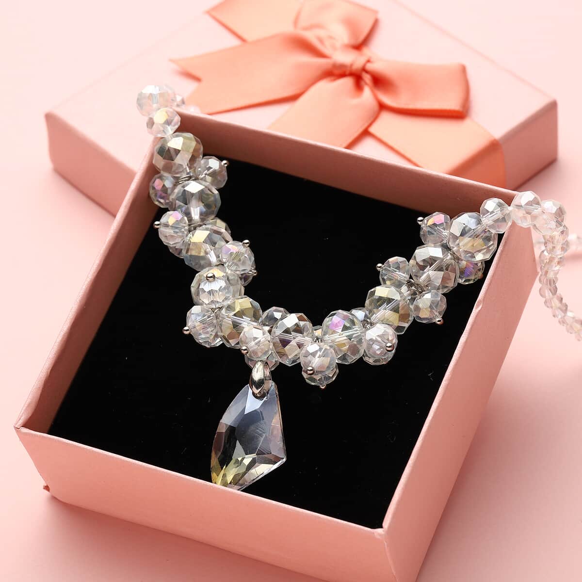 Simulated White Mystic Color Topaz Beaded Necklace 20-22 Inches in Silvertone image number 1