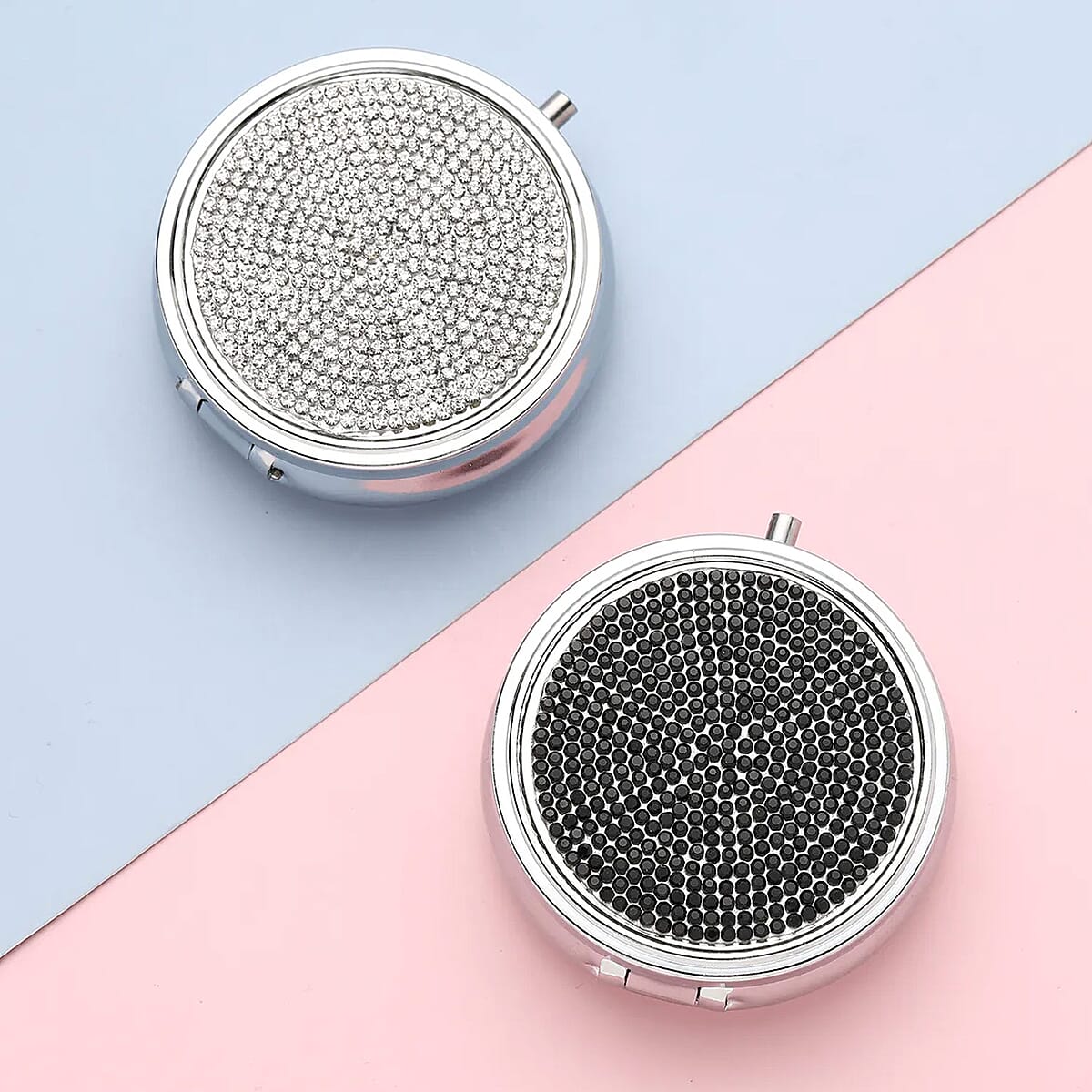 Set of 2pcs White & Black Austrian Crystal & Mirror Jewelry Box in Silvertone image number 1