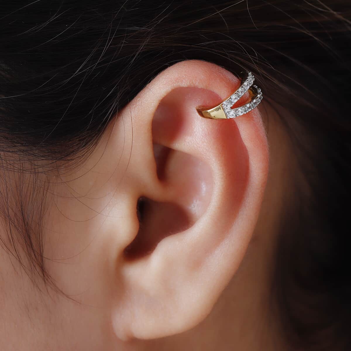 Natural White Zircon 2 - Row Studded Ear Cuff in Vermeil Yellow Gold Over Sterling Silver 0.35 ctw image number 2