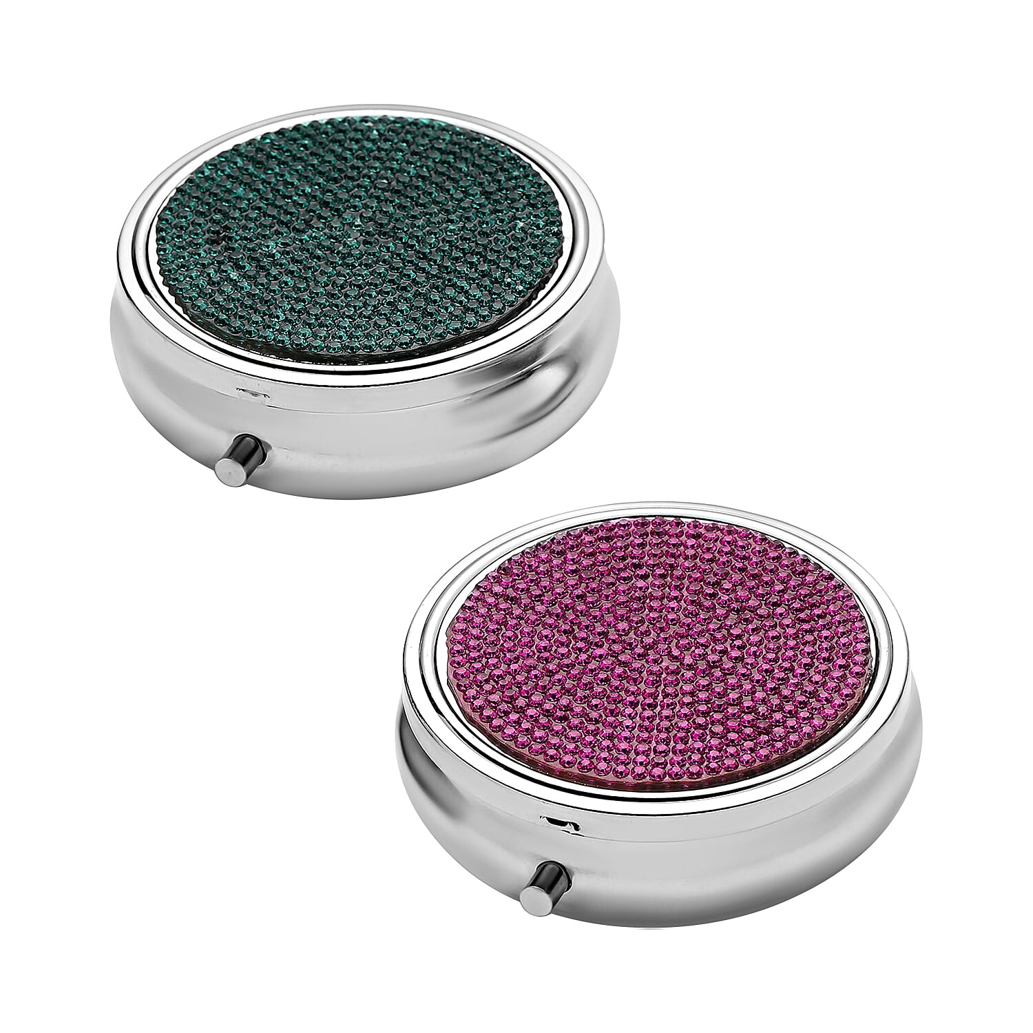 Set of 2pcs Pink & Blue Austrian Crystal & Mirror Jewelry Box in Silvertone