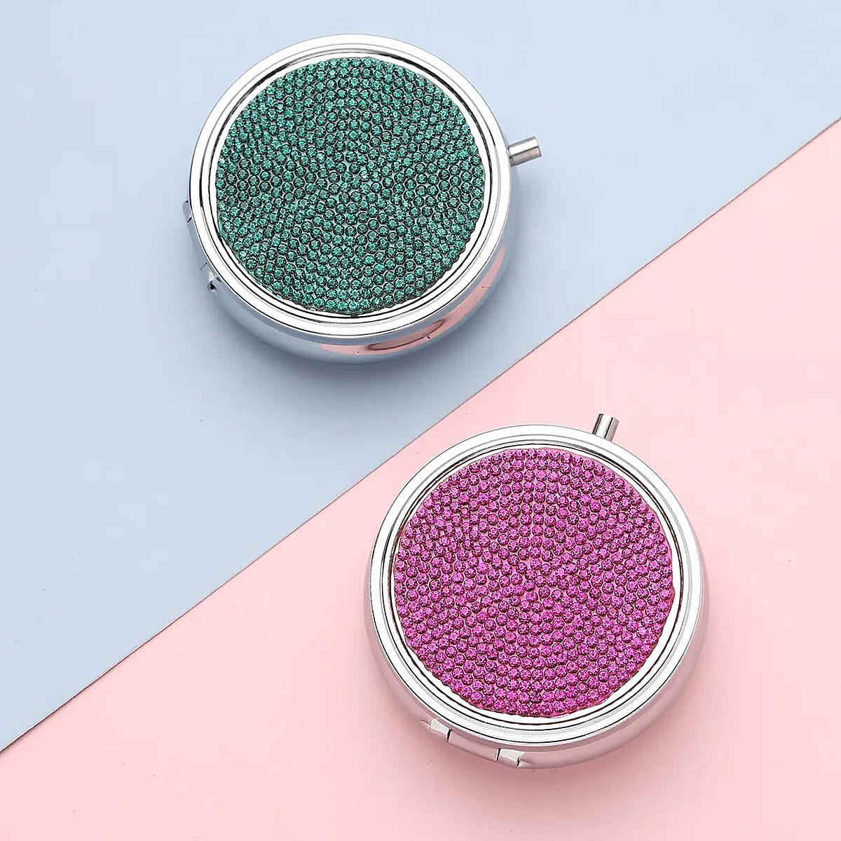 Set of 2pcs Green & Purple Austrian Crystal & Mirror Jewelry Box in Silvertone image number 1