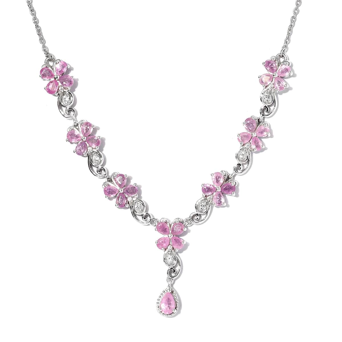 Ilakaka Hot Pink Sapphire (FF) and White Zircon Necklace 18 Inches in Platinum Over Sterling Silver 6.75 ctw image number 0