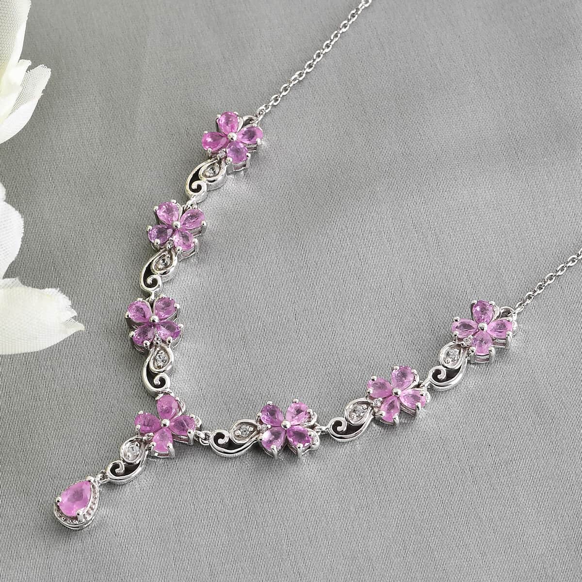 Ilakaka Hot Pink Sapphire (FF) and White Zircon Necklace 18 Inches in Platinum Over Sterling Silver 6.75 ctw image number 1
