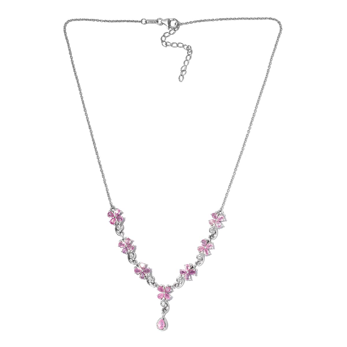 Ilakaka Hot Pink Sapphire (FF) and White Zircon Necklace 18 Inches in Platinum Over Sterling Silver 6.75 ctw image number 3
