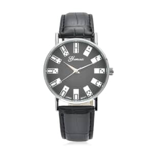 Genoa Miyota Japanese Movement 3D Domino Pattern Dial Watch in Silvertone with Black Faux Leather Strap