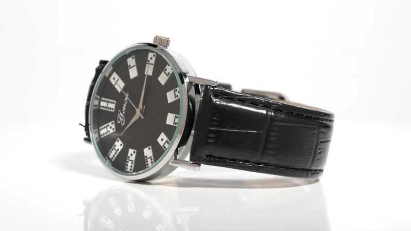 Genoa Miyota Japanese Movement 3D Domino Pattern Dial Watch in Silvertone with Black Faux Leather Strap (37mm)
