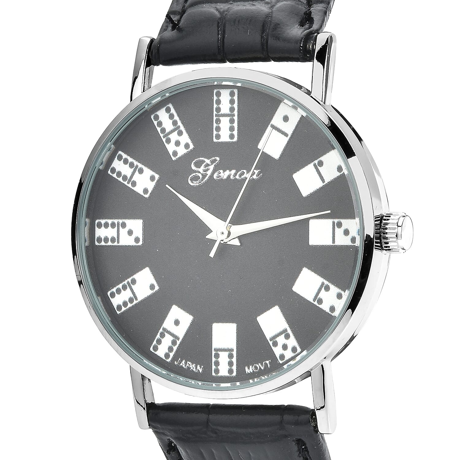 Genoa Miyota Japanese Movement 3D Domino Pattern Dial Watch in Silvertone with Black Faux Leather Strap