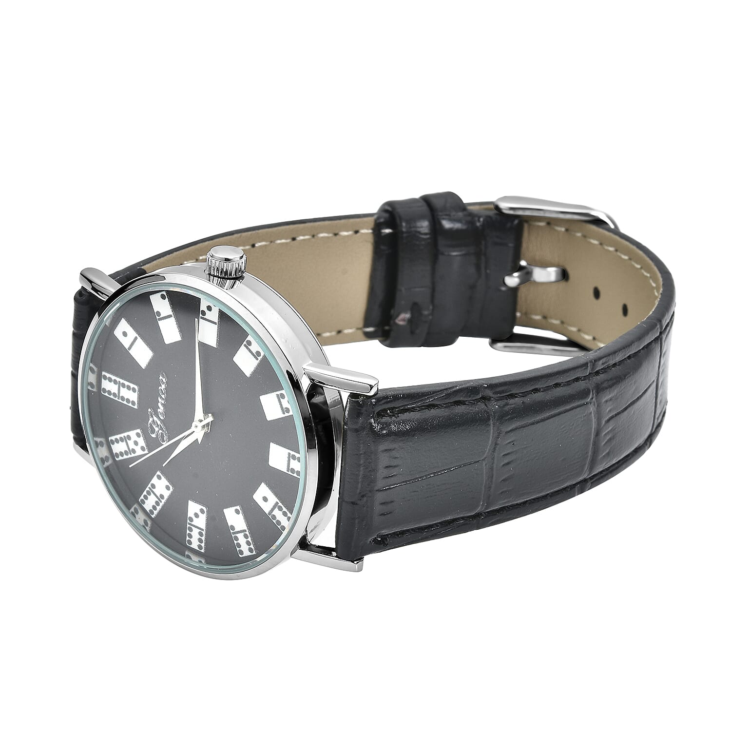 Genoa Miyota Japanese Movement 3D Domino Pattern Dial Watch in Silvertone with Black Faux Leather Strap