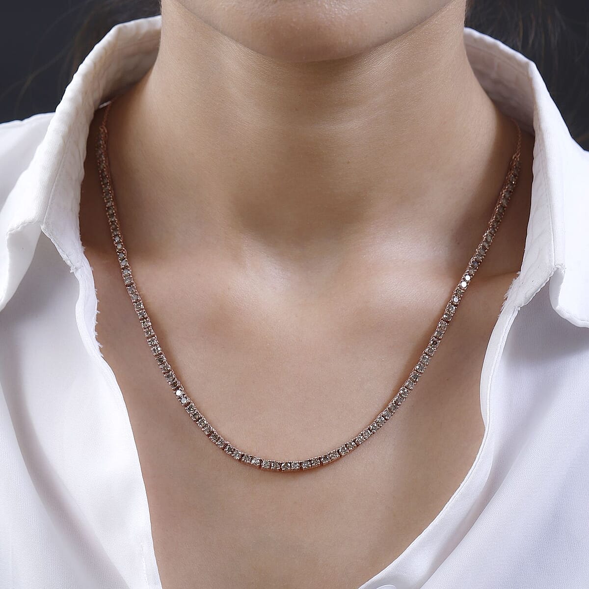 Natural Champagne Diamond Tennis Necklace 20 Inches in Vermeil Rose Gold Over Sterling Silver 8.00 ctw image number 2
