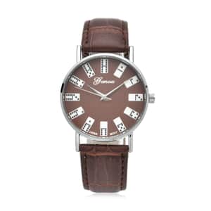 Genoa Miyota Japanese Movement 3D Domino Pattern Dial Watch in Silvertone with Brown Faux Leather Strap (37mm)