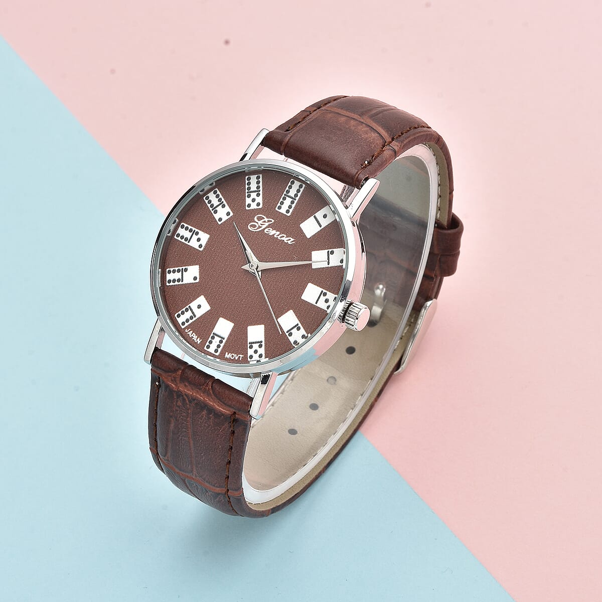 Genoa Miyota Japanese Movement 3D Domino Pattern Dial Watch in Silvertone with Brown Faux Leather Strap (37mm) image number 1