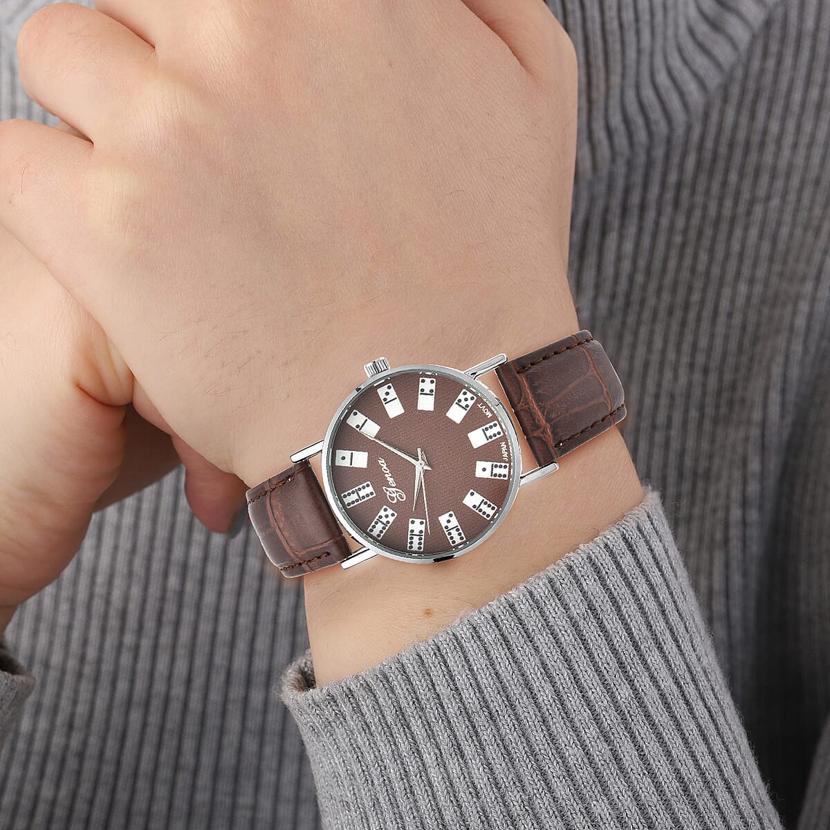 Genoa Miyota Japanese Movement 3D Domino Pattern Dial Watch in Silvertone with Brown Faux Leather Strap (37mm) image number 2
