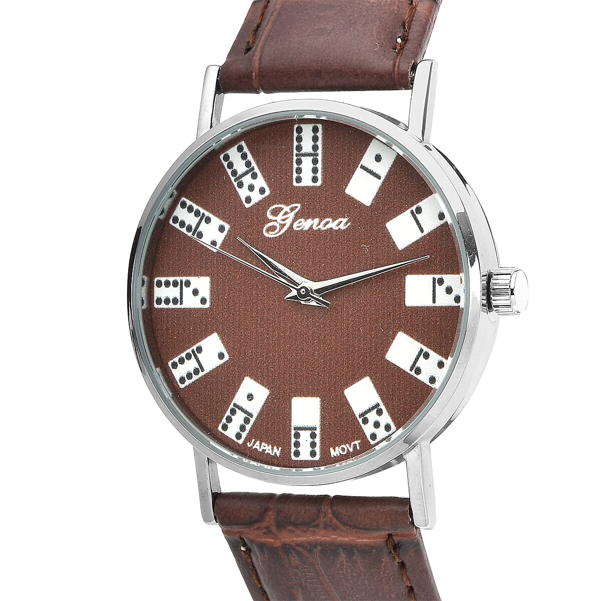 Genoa Miyota Japanese Movement 3D Domino Pattern Dial Watch in Silvertone with Brown Faux Leather Strap (37mm) image number 3
