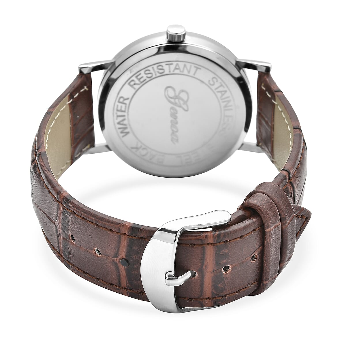 Genoa Miyota Japanese Movement 3D Domino Pattern Dial Watch in Silvertone with Brown Faux Leather Strap (37mm) image number 5