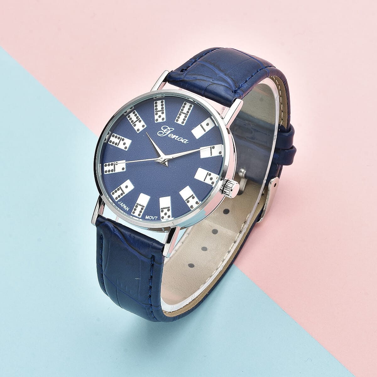 Genoa Miyota Japanese Movement 3D Domino Pattern Dial Watch in Silvertone with Navy Blue Faux Leather Strap (37mm) image number 1