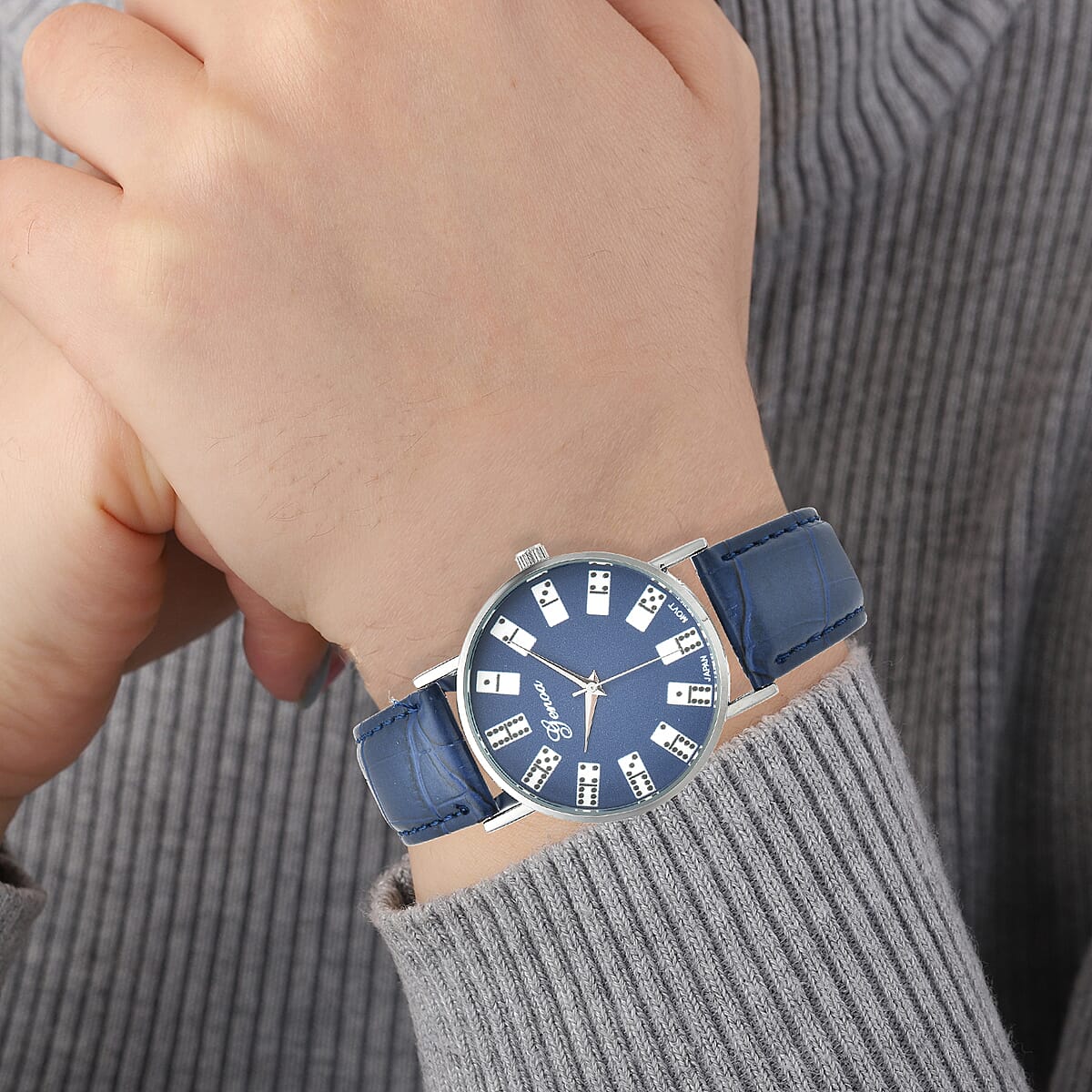 Genoa Miyota Japanese Movement 3D Domino Pattern Dial Watch in Silvertone with Navy Blue Faux Leather Strap (37mm) image number 2