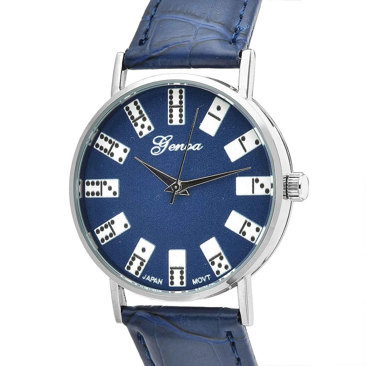 Genoa Miyota Japanese Movement 3D Domino Pattern Dial Watch in Silvertone with Navy Blue Faux Leather Strap (37mm) image number 3