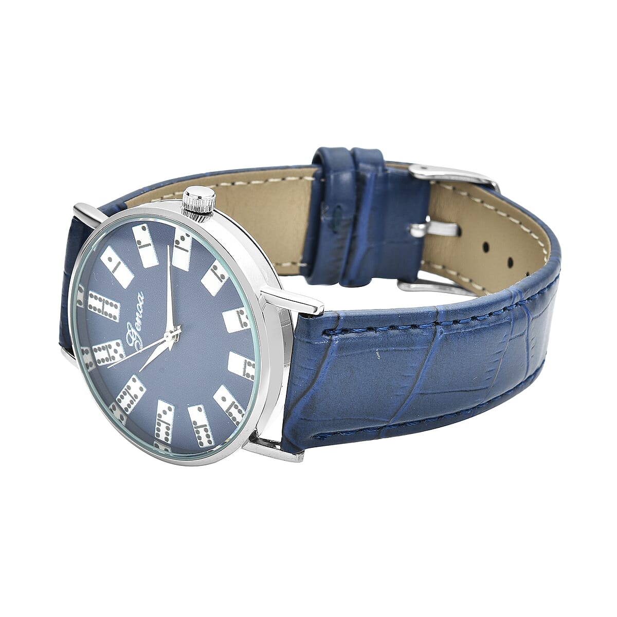 Genoa Miyota Japanese Movement 3D Domino Pattern Dial Watch in Silvertone with Navy Blue Faux Leather Strap (37mm) image number 4