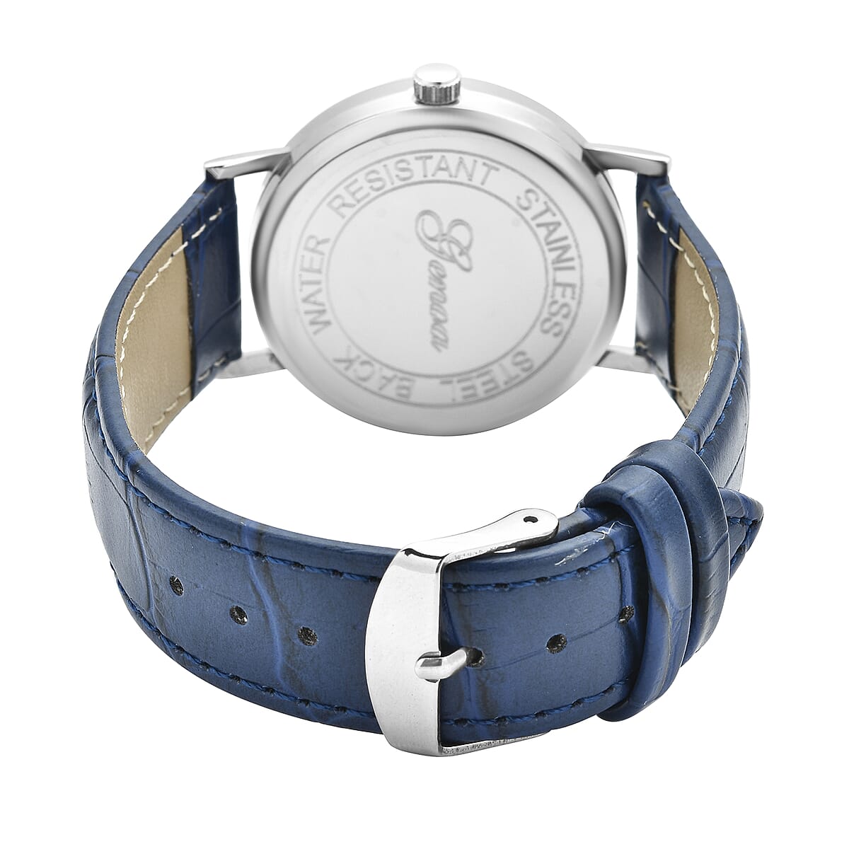 Genoa Miyota Japanese Movement 3D Domino Pattern Dial Watch in Silvertone with Navy Blue Faux Leather Strap (37mm) image number 5