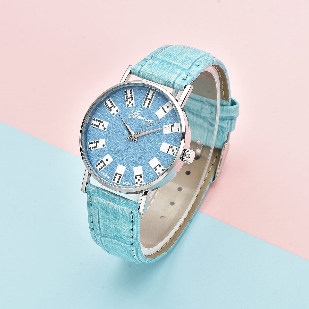 Genoa Miyota Japanese Movement 3D Domino Pattern Dial Watch in Silvertone with Turquoise Blue Faux Leather Strap (37mm) image number 1