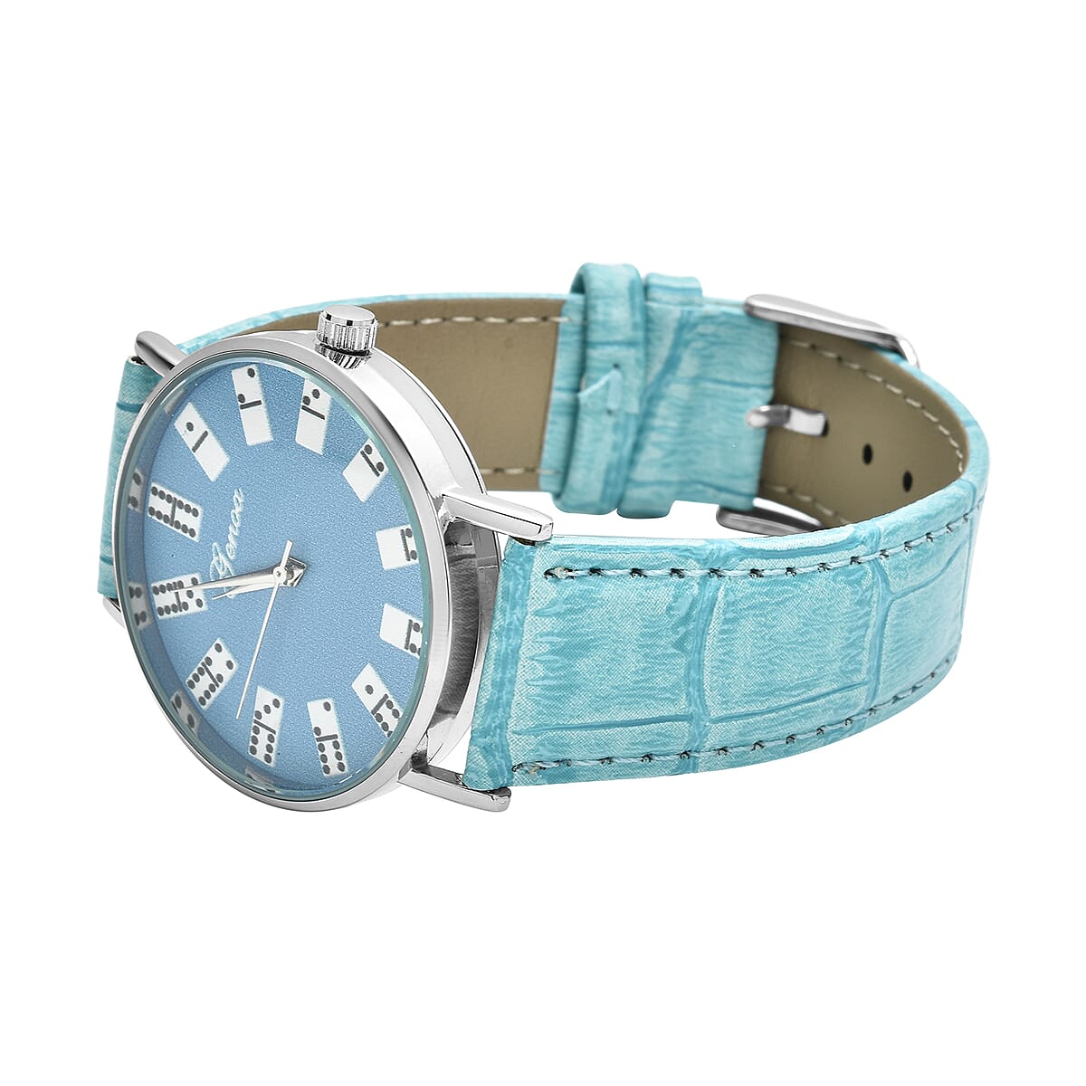 Genoa Miyota Japanese Movement 3D Domino Pattern Dial Watch in Silvertone with Turquoise Blue Faux Leather Strap (37mm) image number 4