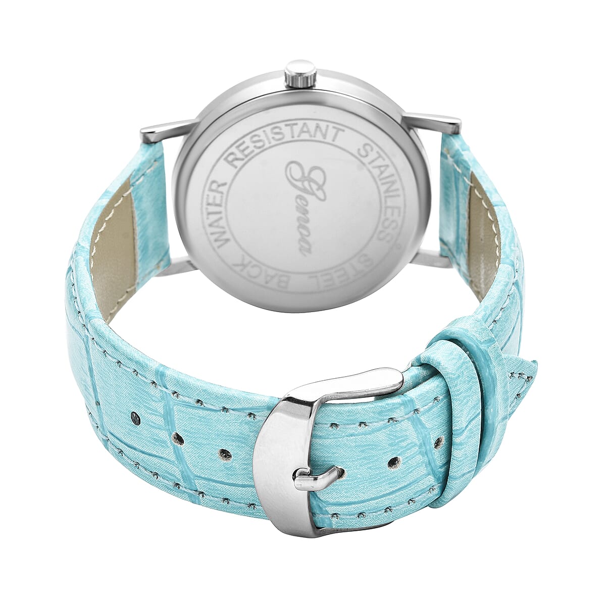 Genoa Miyota Japanese Movement 3D Domino Pattern Dial Watch in Silvertone with Turquoise Blue Faux Leather Strap (37mm) image number 5