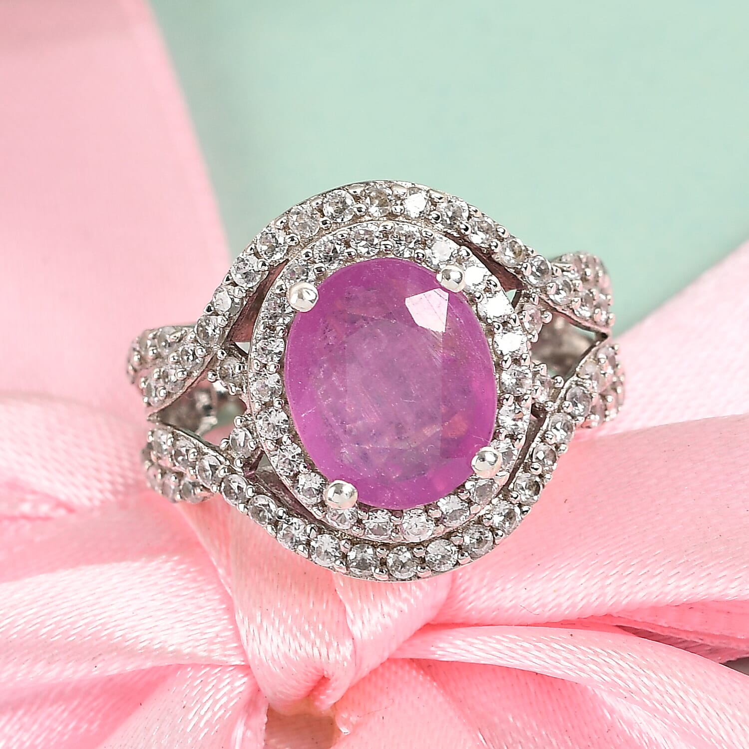 Ilakaka Hot Pink Sapphire and Zircon Ring in Platinum Over Sterling Silver (Size 10.0) 6.65 ctw