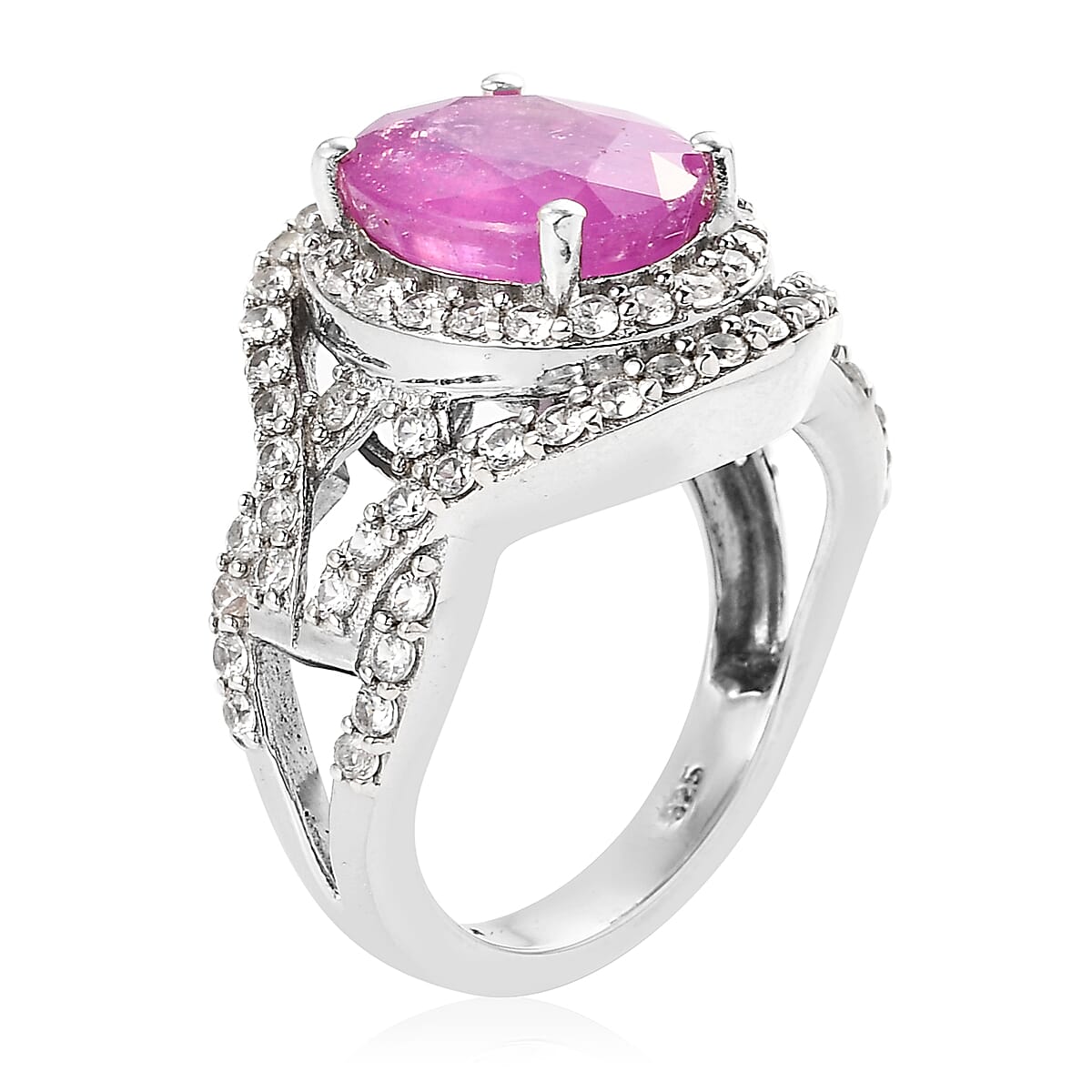 Ilakaka Hot Pink Sapphire and Zircon Ring in Platinum Over Sterling Silver (Size 10.0) 6.65 ctw