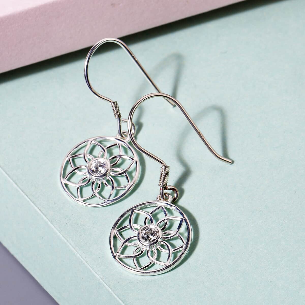 Simulated Diamond Lotus Floral Earrings in Sterling Silver  image number 1