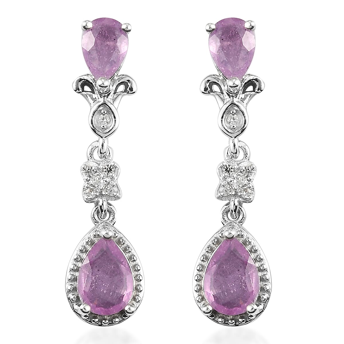 Ilakaka Hot Pink Sapphire and Zircon Dangle Earrings in Platinum Over Sterling Silver 3.00 ctw