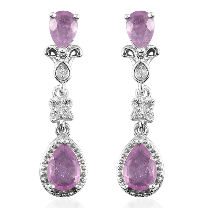 Ilakaka Hot Pink Sapphire and Zircon Dangle Earrings in Platinum Over Sterling Silver 3.00 ctw