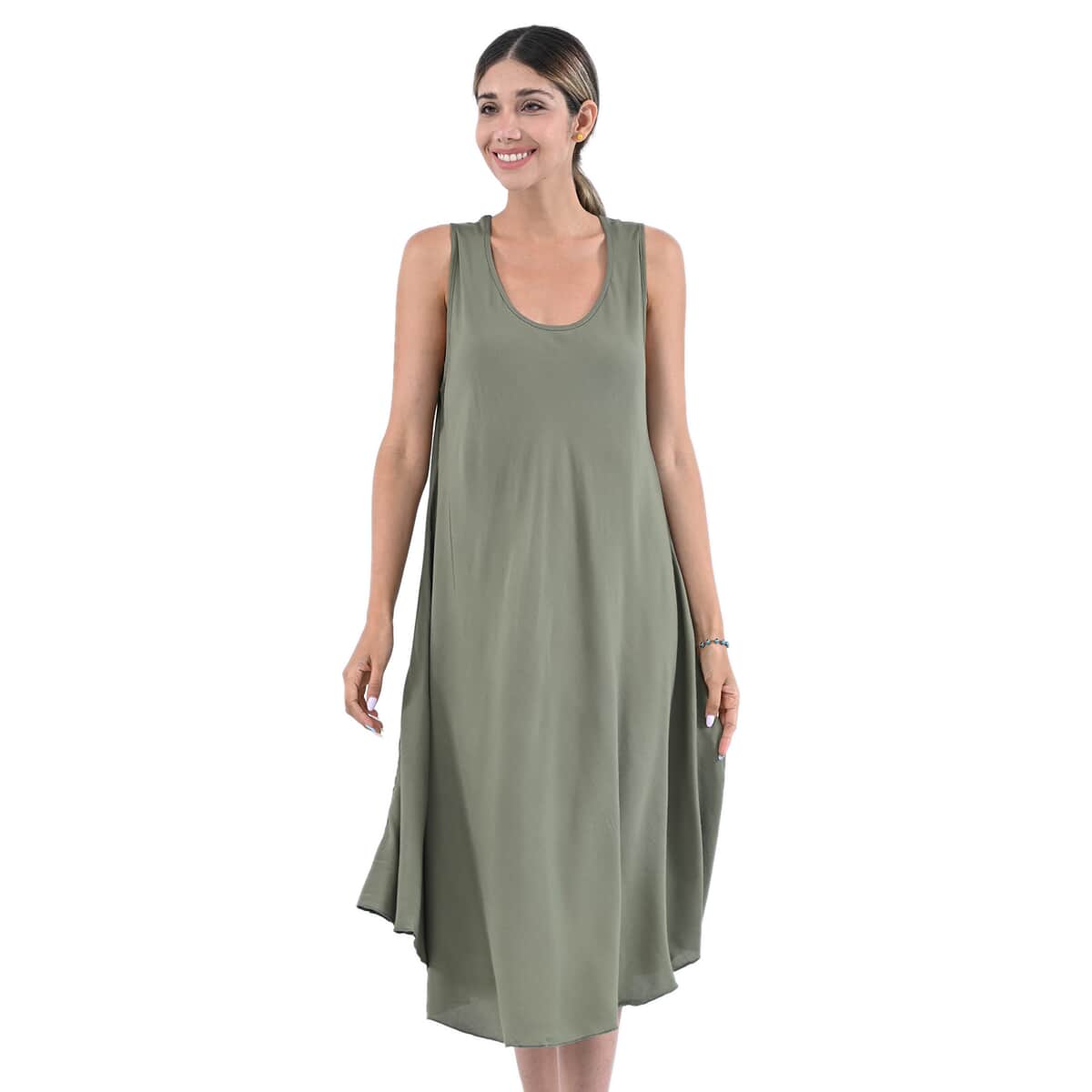 Buy Tamsy Sage Green Solid Sleeveless A-Line Dress - One Size Fits Most ...