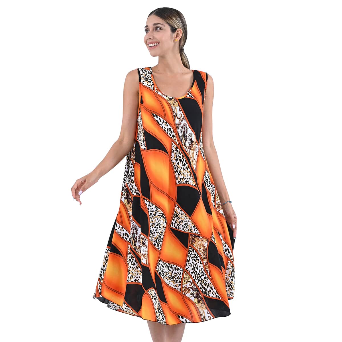 Tamsy Orange Abstract Print Sleeveless A-Line Dress - One Size Fits Most , Women's Dress , Summer Dress , Western Dress image number 0