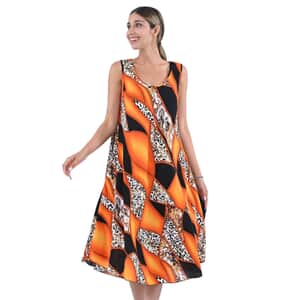 Tamsy Orange Abstract Print Sleeveless A-Line Dress - One Size Fits Most , Women's Dress , Summer Dress , Western Dress