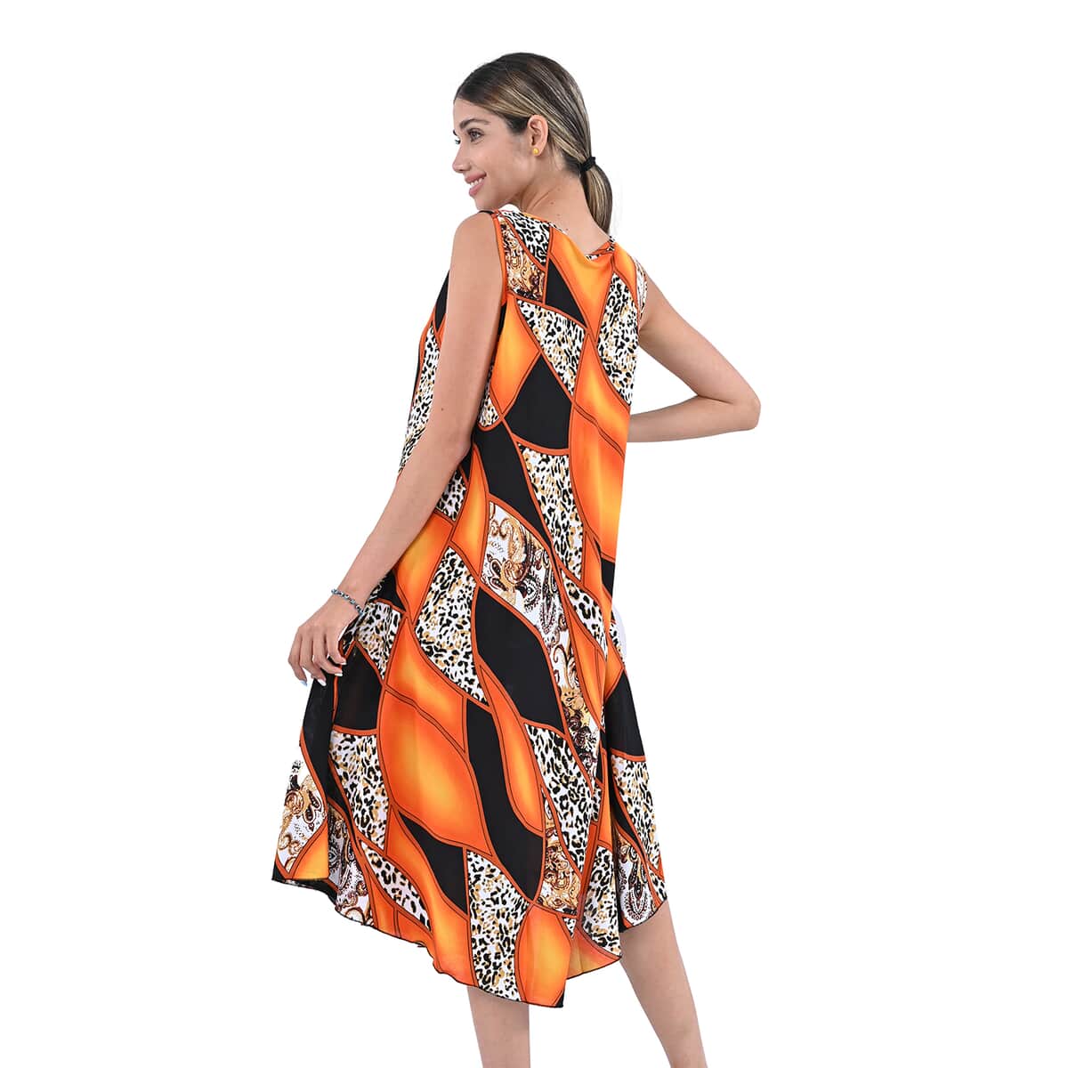 Tamsy Orange Abstract Print Sleeveless A-Line Dress - One Size Fits Most , Women's Dress , Summer Dress , Western Dress image number 1