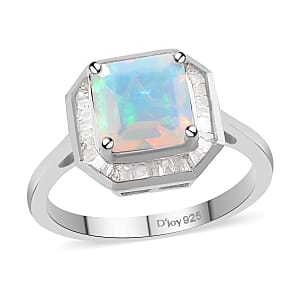 Asscher Cut Premium Ethiopian Welo Opal and Diamond 1.75 ctw Halo Ring in Platinum Over Sterling Silver (Size 7.0)