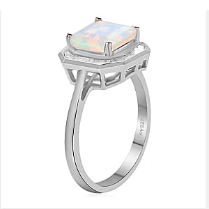 Asscher Cut Premium Ethiopian Welo Opal and Diamond 1.75 ctw Halo Ring in Platinum Over Sterling Silver (Size 7.0)