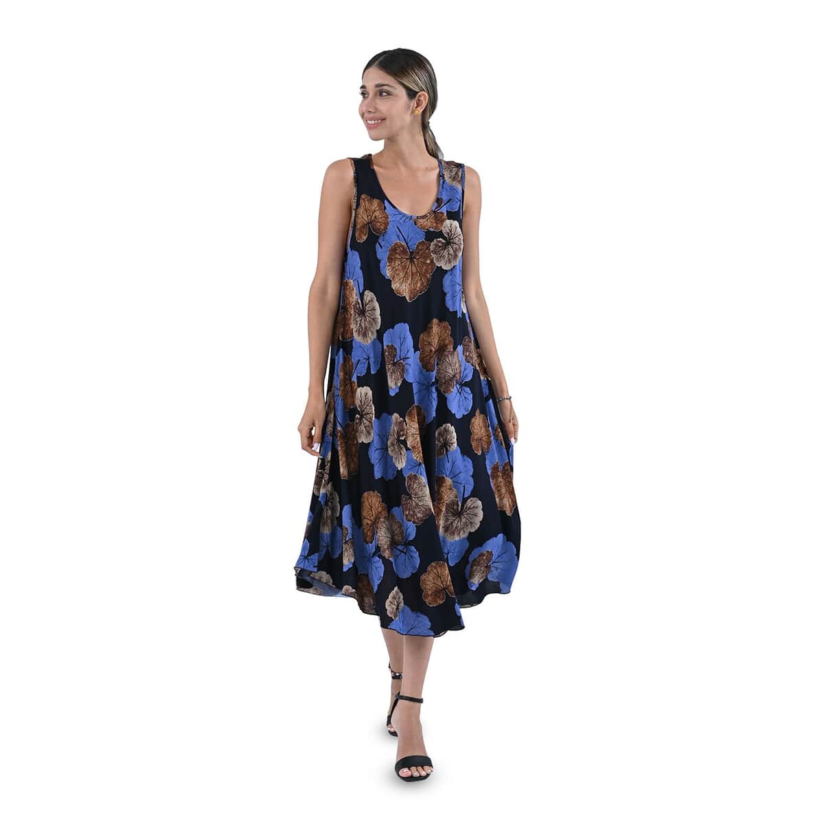 Tamsy Blue Leaf Print Sleeveless A-Line Dress - One Size Fits Most image number 0