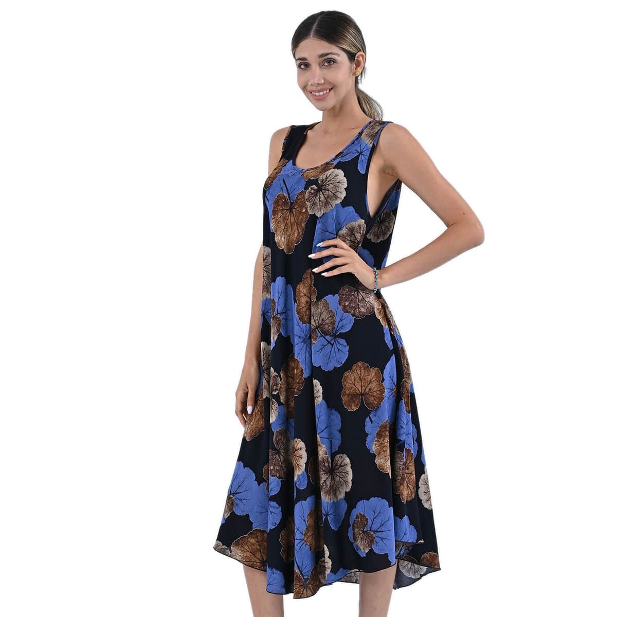 TAMSY Blue Leaf Print Sleeveless A-Line Dress - One Size Fits Most (24"x41") image number 2