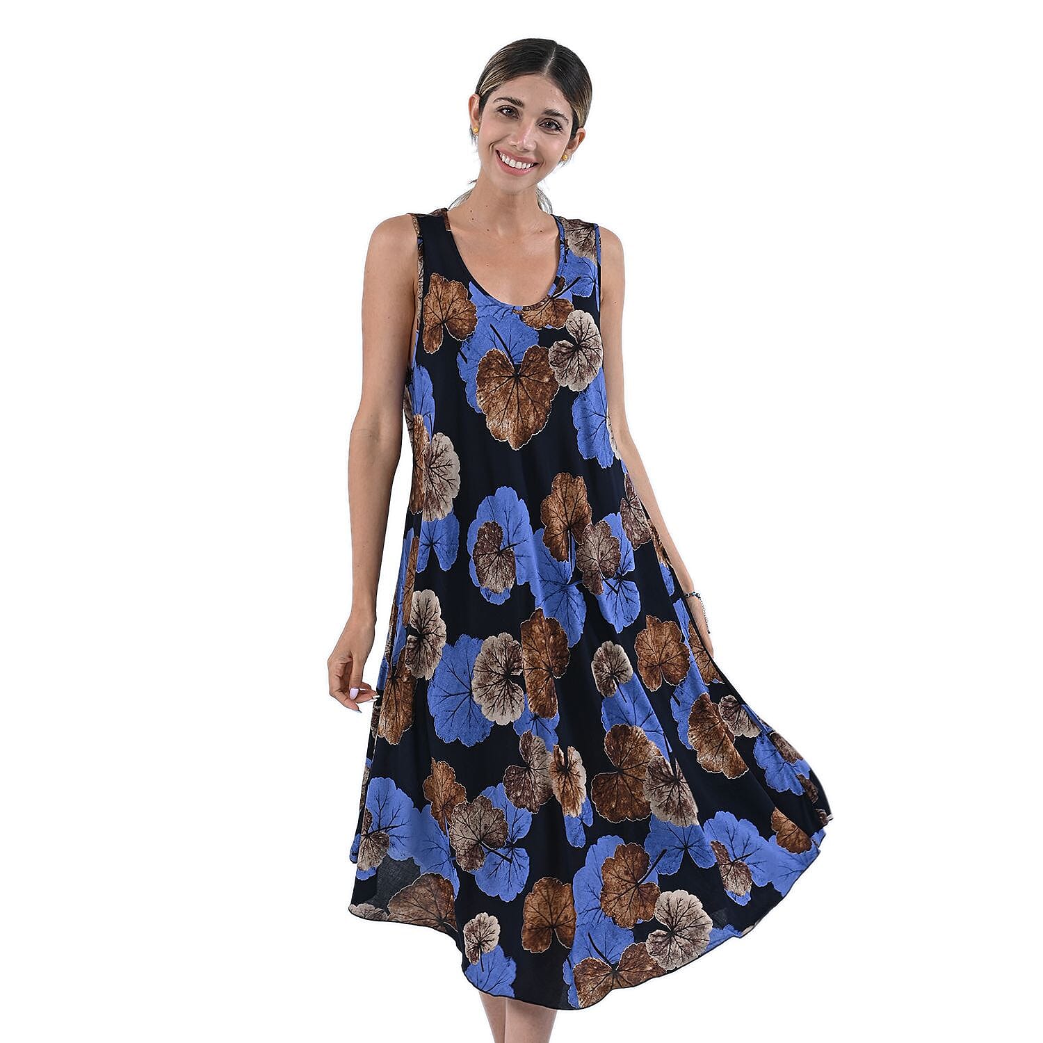 Tamsy Blue Leaf Print Sleeveless A-Line Dress - One Size Fits Most