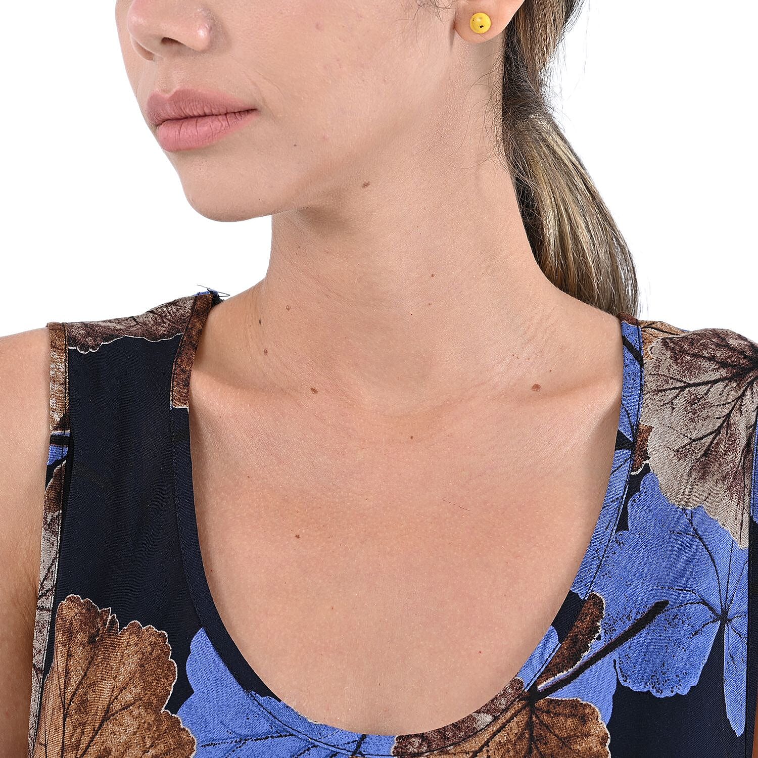 Tamsy Blue Leaf Print Sleeveless A-Line Dress - One Size Fits Most