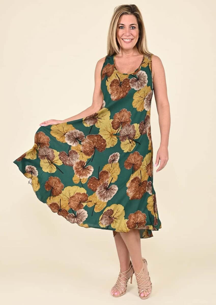 Tamsy Green Leaf Print Sleeveless A-Line Dress - One Size Fits Most image number 0