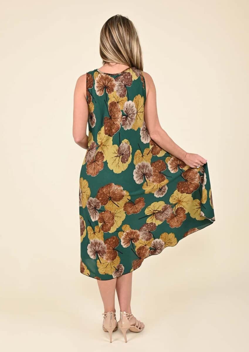 Tamsy Green Leaf Print Sleeveless A-Line Dress - One Size Fits Most image number 1