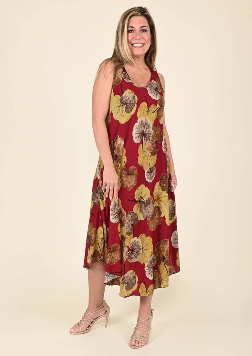 Tamsy Red Leaf Print Sleeveless A-Line Dress - One Size Fits Most image number 0