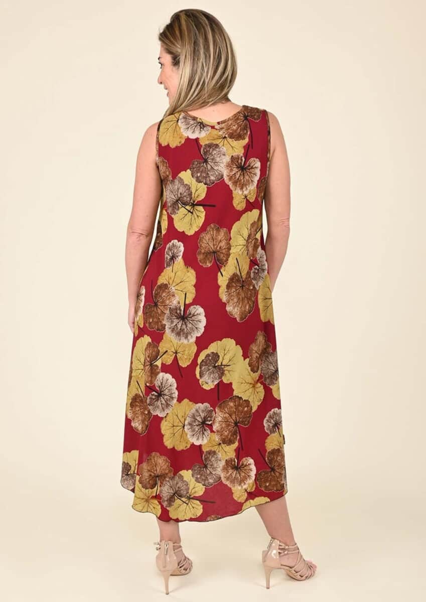 Tamsy Red Leaf Print Sleeveless A-Line Dress - One Size Fits Most image number 1